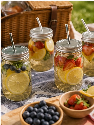 Outdoor table with mason jar drinks and fruit