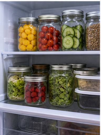 Fresh ingredients stored in jars in a refrigerator