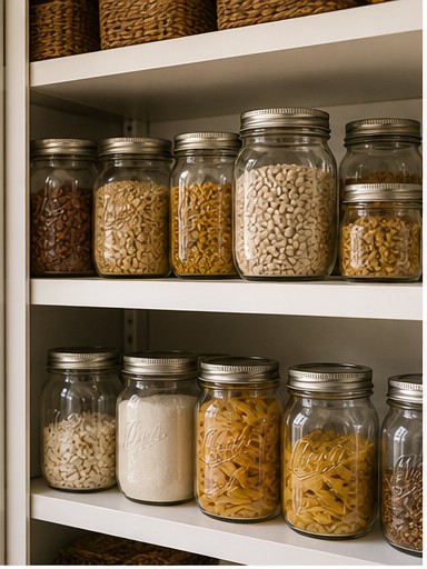 Pantry shelf with organized jars and dry goods