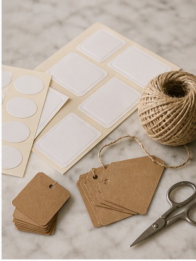 Jar labels and twine on a light tile surface