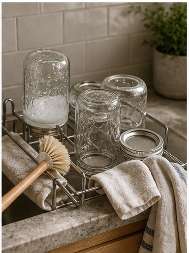 Jars and cleaning cloth near a kitchen sink